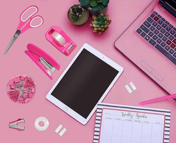 Hot Pink Desk Accessories, Hot Pink Office Supplies 360°Pen Holder Desk Organizers and Accessories with Tape Dispenser, Stapler, Staple Remover, 1000 Staples, Tape, Clips Set, Ruler, Scissor, Pen