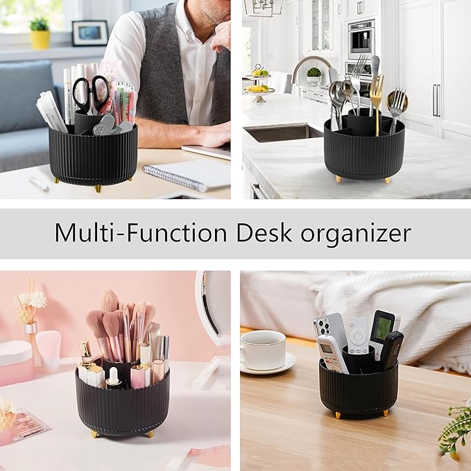 Office Desk Accessories, Black Office Supplies 360°Pen Holder Desk Organizers And Accessories with Tape Dispenser, Stapler, Staple Remover, 1000 Staples, Tape, Clips Set, Ruler, Scissor, Pen