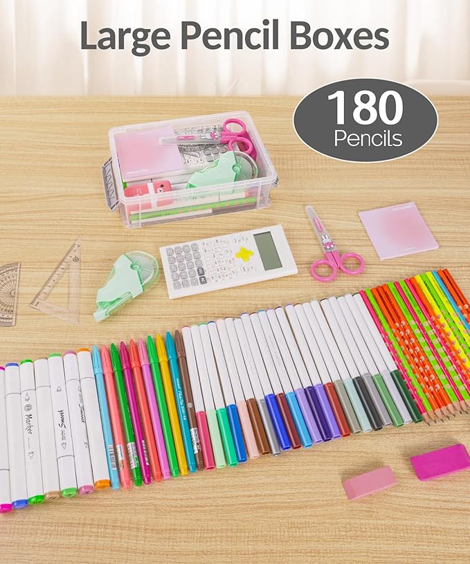 Sooez 6 Pack Extra Large Pencil Box, Plastic Pencil Case Crayon Box Bulk, Clear Marker Organizer Plastic Containers with Lid, Stackable Storage Box for Craft, Pen, Art, School Supply, Multicolor