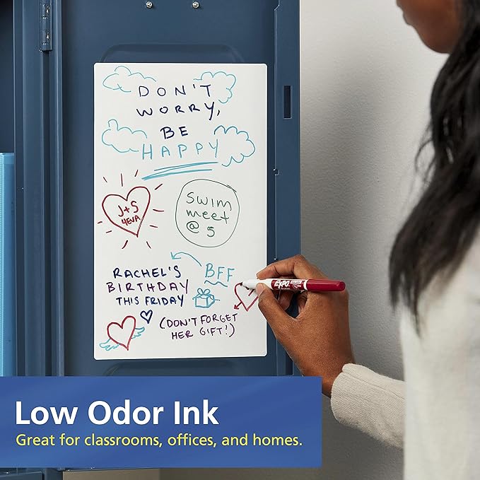 EXPO Low Odor Dry Erase Marker Set with White Board Eraser and Cleaner, Fine Tip Dry Erase Markers, Assorted Colors, 7 Piece Set with Whiteboard Cleaner