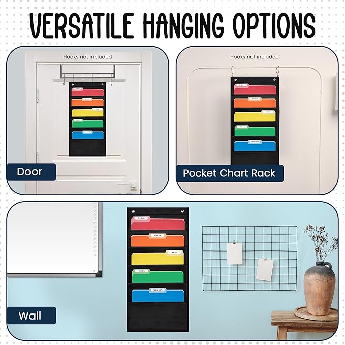 5 Pocket File Pocket Chart, Black, 14" Wide x 24" Tall - Versatile Wall Hanging File Folder Organizer for Classroom, Office, Home, and More - Wall Folder Organizer - 5 Pockets