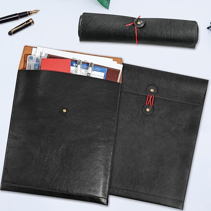 Black A4 PU Leather File Folders for Documents,Important Private File Organizer with String Tie Closure,Laptop Sleeve Notebook Case,Leather Portfolio Binder Envelopes, Filing Folder 3PCS