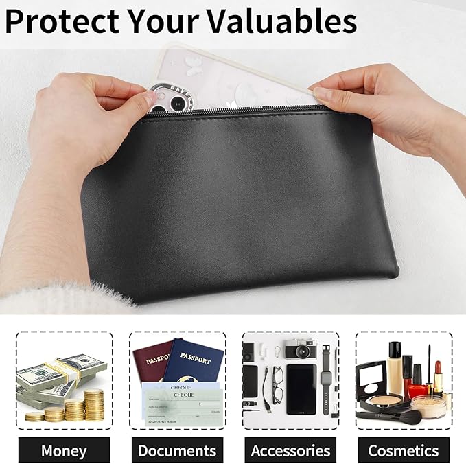 4 Pack Money Bags with Zipper, 11x6.1 Inch PU Leather Cash Pouch, Secure Bank Bag for Coins, Bills, Checks, Invoices, Cosmetics, Tools (Black)