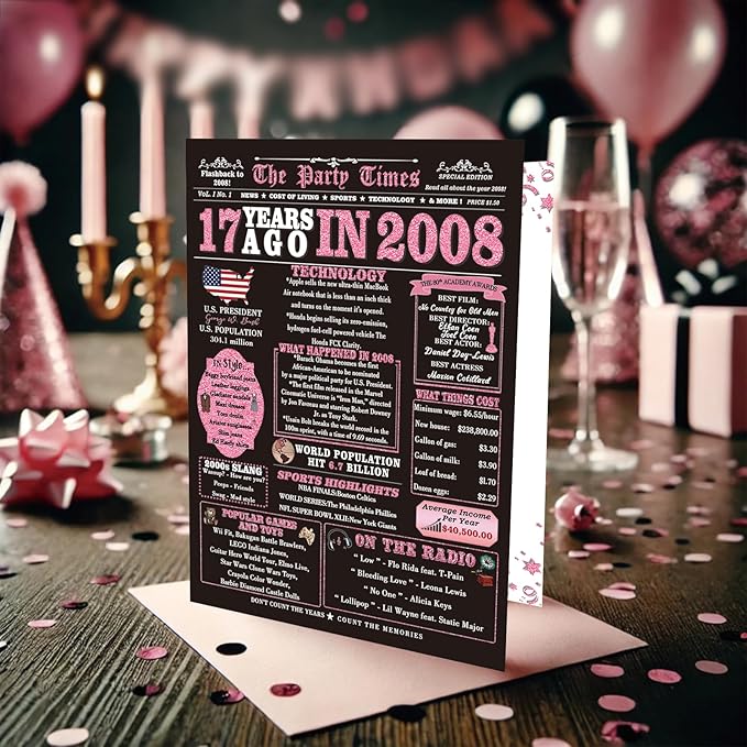 17th Birthday Card Gifts for Girls, Daughter, Niece, Granddaughter, 17th Birthday Decorations for Girls, Large Birthday Card for 17 Year Old, Funny Back in 2008 Birthday Card, Rose Pink Gold