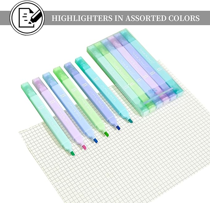 Aesthetic Cute Pastel Highlighters Set, 6 count, Mild Assorted Colors Candy Highlighters, Chisel Tip,No Bleed Bible Marker Pen, Study Journaling School Supplies Planner