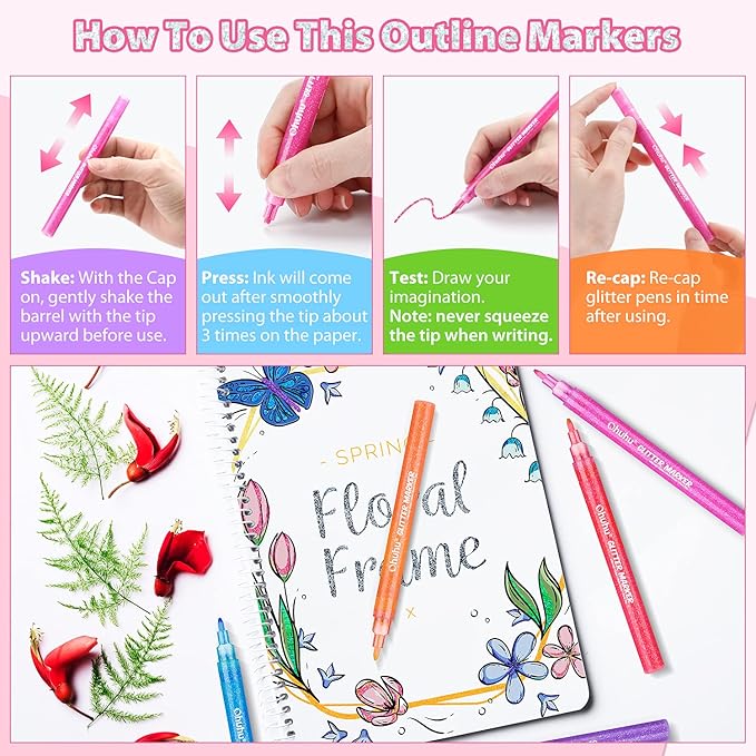 Ohuhu Glitter Markers Pen 12 Glitter Colors Metallic Shimmer Marker Fine Point Tip Water-based Ink for Kids Adults DIY Crafts Greeting Birthday Cards Making Poster Album Scrapbooking Mugs Wood