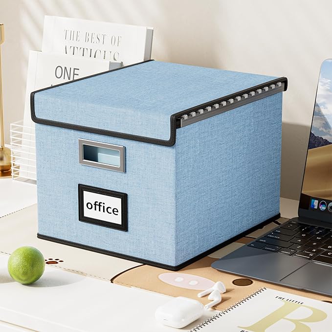 Huolewa Collapsible File Storage Organizer Box with Lid, Hanging File Folders Box Organizer with Plastic Slides, Decorative Home/Office Filing System Box for File and Folders Storage - Powderblue