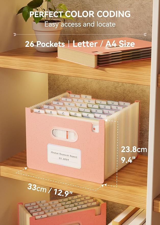Accordion File Organizer, 26 Pockets Wheat Straw Expanding File Folders, Upright&Open Top, A-Z Bill Receipt Organizer, 100% BPA Free, Return to Nature, Healthy Living, Letter/A4 Size-Strawberry Pink