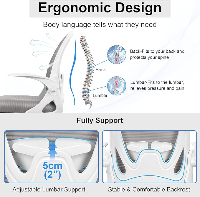 Primy Ergonomic Drafting Chair with Flip-up Armrests for Standing Desk - Tall Office Chair with Lumbar Support and Adjustable Footrest Ring(Gray)