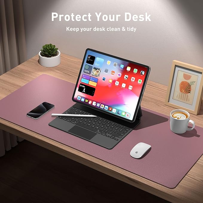 Aothia Leather Desk Pad Protector, Mouse Pad, Office Desk Mat, 31.5" x 15.7" Non-Slip PU Leather Desk Blotter, Laptop Desk Pad, Waterproof Desk Writing Pad for Office and Home (Dark Pink)