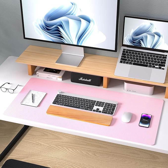 Aothia Leather Desk Pad Protector, Mouse Pad, Office Desk Mat, Non-Slip PU Leather Desk Blotter, Laptop Desk Pad, Waterproof Desk Writing Pad for Office and Home (36" x 17", Fairy Pink)