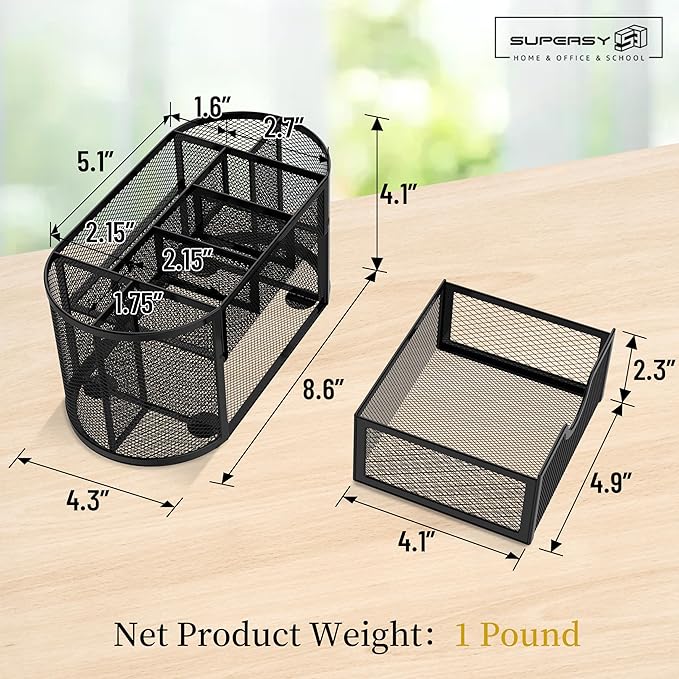 SUPEASY Mesh Desk Organizer, Desk Accessories & Workspace Organizers with Drawers, Pencil Holder for Desk with 9 Compartments for Office Supplies, 8.6 x 4.3 x 4.1 Inch, Black