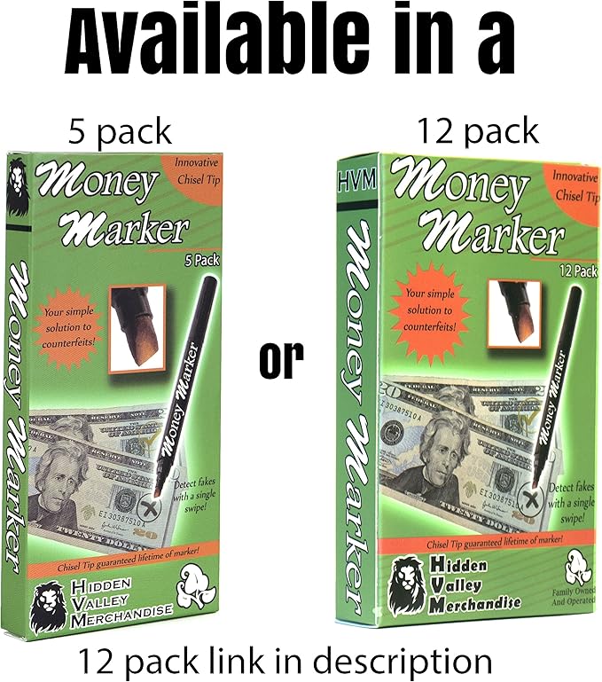 Money Marker (5 Counterfeit Pens) - Counterfeit Bill Detector Pen with Upgraded Chisel Tip - Detect Fake Counterfit Bills, Universal False Currency Pen Detector Pack