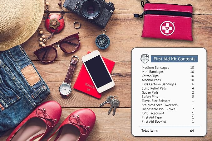 Swiss Safe 2-in-1 First Aid Kit for Car, Travel & Home, Businesses - Bonus Mini Kit for Medical Emergency Aid, Survival, Camping - FSA & HSA Eligible - 64 Piece, Travel FAK