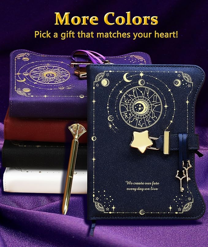 Diary with Lock and Keys for Girls Gift Ideas, 360 Gold Edged Pages Journal for Women, B6 Refillable Notebook for Writing with Pen and Bookmark (Astro White)