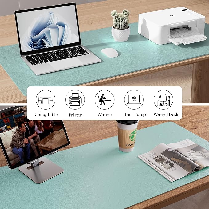 Aothia Leather Desk Pad Protector, Mouse Pad,Office Desk Mat, Non-Slip PU Leather Desk Blotter, Laptop Desk Pad, Waterproof Desk Writing Pad for Office and Home (36" x 17", Light Blue)