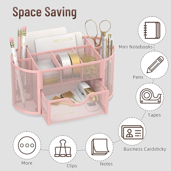 SUPEASY Mesh Desk Organizer, Desk Accessories & Workspace Organizers with Drawers, Pencil Holder for Desk with 9 Compartments for Office Suppliess, 8.6 x 4.3 x 4.1 Inch, Pink