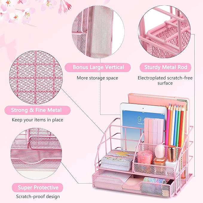 Pink Desk Organizers and Accessories, Pink Office Supplies with Mesh Desk Organizer, Acrylic Tape Dispenser and Stapler, Staples, Ballpoint Pen, Clips Set, Ruler, Scissor, Sticky Labels