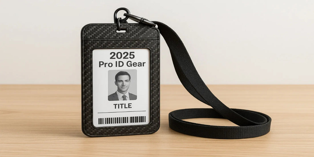 A carbon fiber badge holder with a black lanyard, featuring a 2025 Pro ID card, placed upright on a wooden surface with a neutral background.