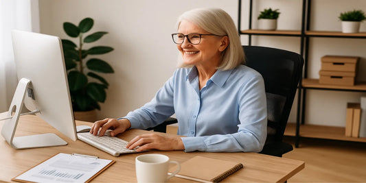 Smiling senior woman working at a modern ergonomic desk with computer, keyboard, and natural light in a cozy home office setting.