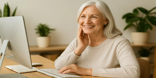 A smiling senior woman with white hair works at a computer desk with a keyboard, notebook, and plants in a bright home office.