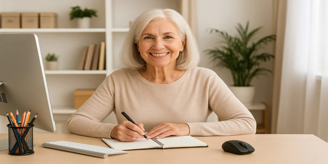 A smiling senior woman with white hair writes in a notebook at a tidy home office desk with a computer, pencils, and indoor plants.