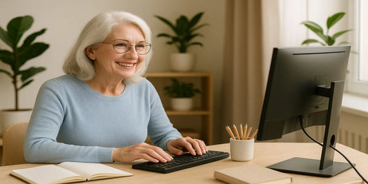 A smiling senior woman with white hair and glasses types on a computer keyboard at a wooden desk with plants and notebooks nearby.