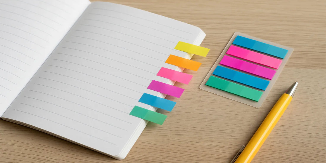 Open notebook with colorful sticky tabs on pages, extra page markers beside it, and a yellow pen on a wooden desk for organized studying.