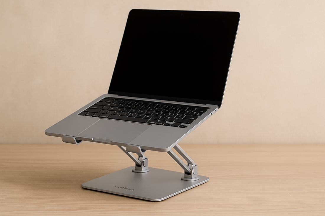 A silver Lamicall adjustable laptop stand holds a MacBook on a wooden desk, showcasing ergonomic design and modern style in a minimal workspace.