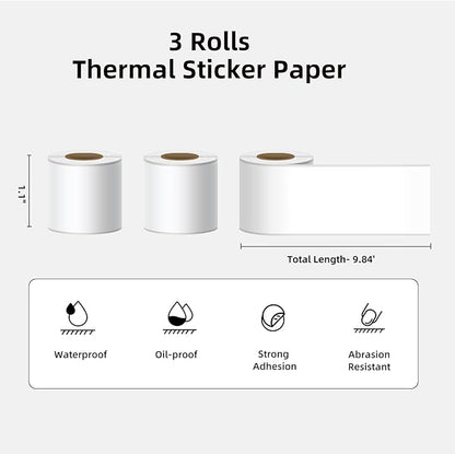 White Self-Adhesive Thermal Paper, Printable Sticker Paper for ORGSTA S002 Portable Sticker Printer, Black on White, 28mm x 3m Mini Printer Paper for Journal, Photo, Study Notes - 3 Rolls