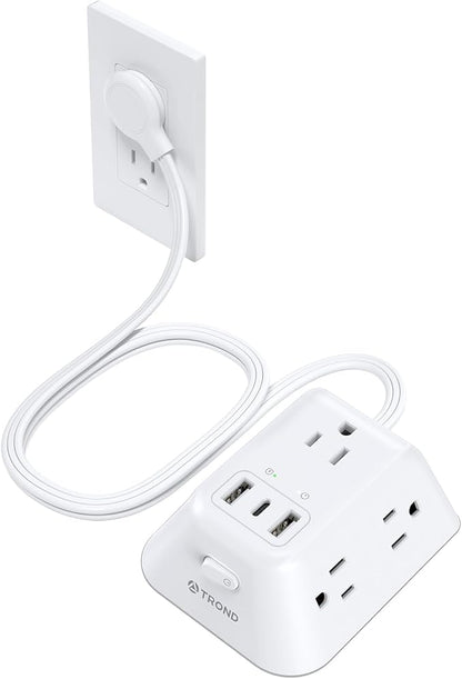 TROND Flat Plug Power Strip Surge Protector, 5FT Ultra Thin Extension Cord, 5 AC Outlets and 3 USB Ports, Wall Mountable, Compact Design for Home Office and Dorm Room Essentials