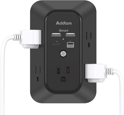 Outlet Extender Surge Protector - Addtam 5-Outlet Splitter with 4 USB Wall Charger(PD 30W), Multi Plug Wall Outlet Power Strip for Home, Black