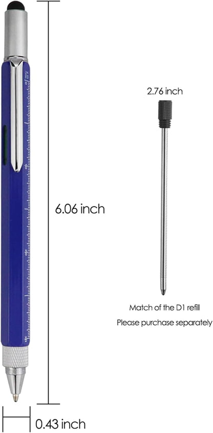 HeTaoCat Metal Multi tool Pen 6-in-1 Stylus Pen - With Screwdriver, Phillips Screwdriver, Flathead Bit Slotted Screwdriver, Ballpoint Pen Black ink, Stylus pen, Bubble Level and Ruler (Blue)
