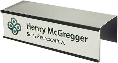 The Original Over the Cube - Quality Aluminum, Changeable Cubicle Nameplate Holder, Satin Silver Base, and Matte Black Name Plate Holder, (2.25" Cubicle Wall Depth) - Made in The USA