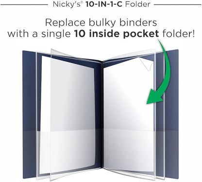 Nicky's® Multi Pocket Organizer, 10 or 14 Page Folder, Waterproof, Patented Tear-Resistant, Flexible Plastic, Proudly Made in USA, Binder Substitute. (10-in-1 Clear Inside/Navy Blue Outside)