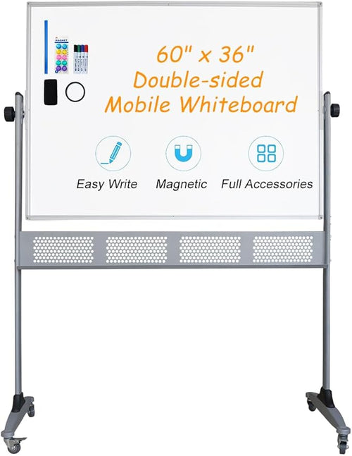 Xiwode Movable Double-Sided Magnetic Whiteboard with Wheels, Upgraded Durable Type of Mesh Bracket, Whiteboard Dimension 60×36,Can be Flipped, Written and Display, Suitable for Office and Classroom
