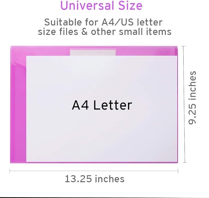 Sooez 12 Pack Folders Plastic Envelopes, Clear Plastic File Folder for Document, Letter A4 Size Poly File Envelopes with Label Pocket, Snap Button for Home Work Office Organizer, 5 Colors