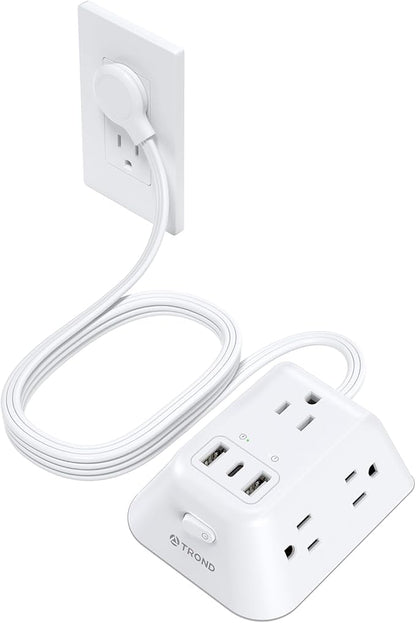 TROND Flat Extension Cord 10ft, Ultra Thin Flat Plug Power Strip, 5 Widely-Spaced AC Outlets and 3 USB Ports, 1440J Surge Protector, 3-Sided Wall Mount for Home Office Dorm Room, White