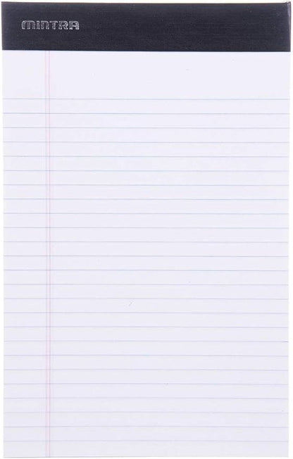 Mintra Office Legal Pads - ((BASIC WHITE 6pk, 5in x 8in, NARROW RULED)) - 50 Sheets per Notepad, Micro perforated Writing Pad, Notebook Paper for School, College, Office, Business