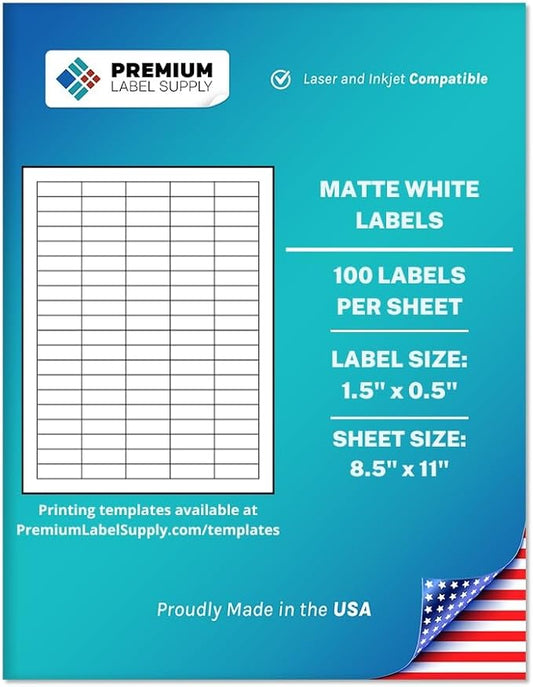 Premium Label Supply White Sticker Barcode Labels – 1.5" x 0.5" – Laser/Inkjet Compatible – (100 per Sheet), 2000 Sheets – 200,000 Total Adhesive Labels