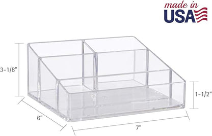 STORi Clear Plastic Vanity Makeup Organizer | Compact Rectangular 4-Compartment Holder for Brushes, Eyeshadow Palettes, & Beauty Supplies | Made in USA