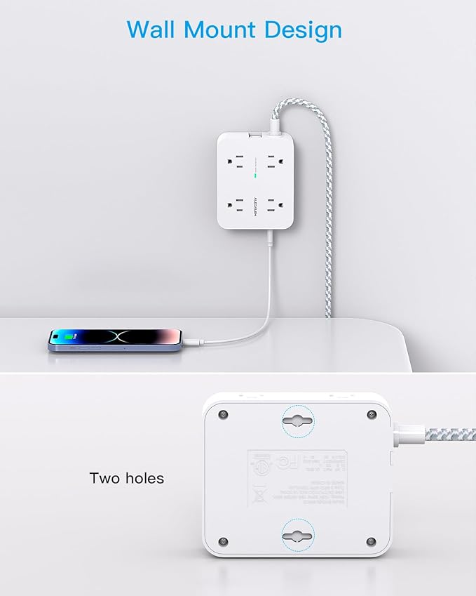 10 Ft Surge Protector Power Strip, Extension Cord with 8 AC Outlets 4 USB (2 USB C) Ports, Flat Plug, Wall Mount Desk USB Charging Station for Home