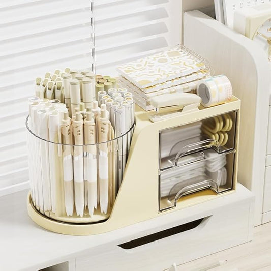 360 Degree Turntable Pen Holder Office Desk Organizer Pencil Holder for Desk Multi-Functional Pencil Pencil Cup Desktop Stationary Organizer Storage for Office School (Beige-with Drawer)
