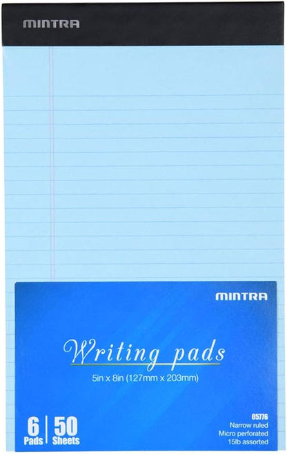 Mintra Office Legal Pads - ((BASIC PASTEL 6pk, 5in X 8in, NARROW RULED)) - 50 Sheets per Notepad, Micro perforated Writing Pad, Notebook Paper for School, College, Office, Professional