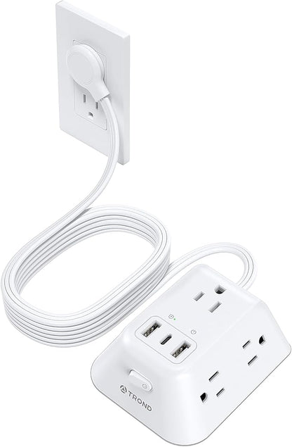 TROND 15ft Long Extension Cord, Ultra Thin Flat Plug Power Strip, 5 Widely-Spaced AC Outlets and 3 USB Ports, 1440J Surge Protector, 3-Sided Wall Mount for Home Office Dorm Room, White