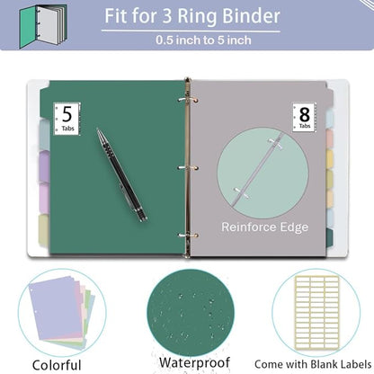 24Pcs/3 Sets Binder Dividers for 3 Ring Binder,8 Tab Binder Plastic Page dividers with Tab,8TAB Set,Multicolor