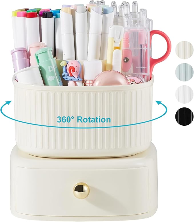 360 Degree Rotatable Pen Holder with Drawer, 5 Slots Office Desk Organizer Pen Holder for Desk Multi-Functional Pencil Box Desktop Stationary Organizer for Office School Home Beige