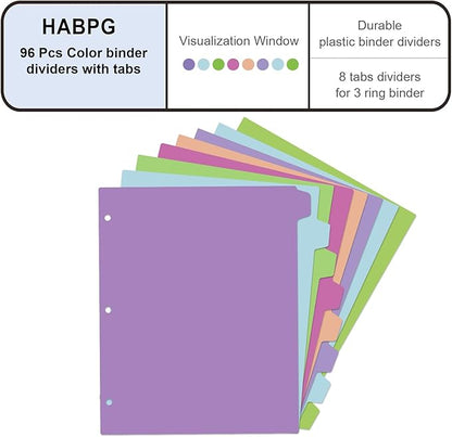 HABGP 96Pcs/12 Set Binder Dividers with Tabs, 8 Color Tab for 3 Ring Binder Dividers, Page Folder Dividers for 3 Ring Binder Sheet Paper Protectors, Plastic Tabbed File Dividers with Tabs