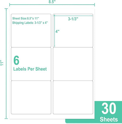 L LIKED 3-1/3" x 4" Shipping Labels 30 Sheets, Total 180 Printable White Sticker Labels, Laser/Inkjet Printing - Matte