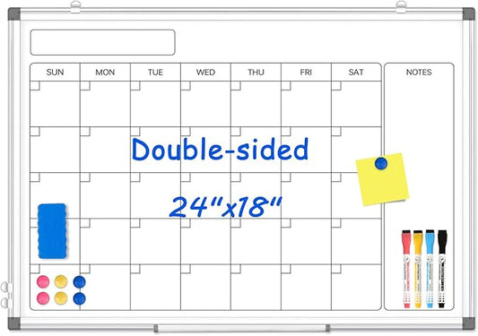 Monthly Calendar Dry Erase Whiteboard for Wall, 24" x 18" Magnetic Calendar White Board, Double-Sided Portable Board for Office, Kitchen, School, Home